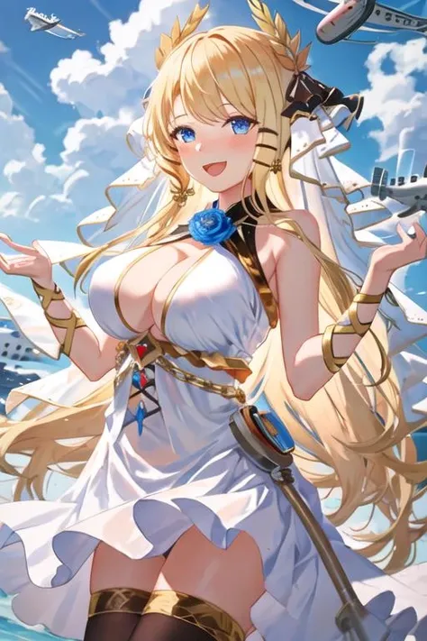best quality, masterpiece, highres, solo, {victorious_azurlane:1.15}, blonde_hair, long_hair, blue_eyes, laurel_crown, breasts, hair_ornament, large_breasts, bangs, ribbon, smile, blush, sleeveless, flower, cleavage, hair_ribbon, open_mouth, very_long_hair, blue_flower, rose, 1girl, bare_shoulders, blue_sky, day, flower_ornament, sky, upper_body, veil, :d, cloud, dress, outdoors, aircraft, airplane, blue_rose