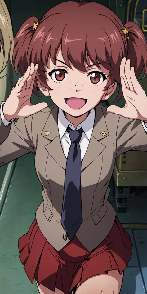 (((picture perfect))), 1girl, solo, alisa, saunders school uniform, school uniform, necktie, jacket, red skirt, looking at viewer, smile, :d, open mouth, military salute, <lora:alisa-garupan:0.7> <lora:GoodHands-vanilla:1>