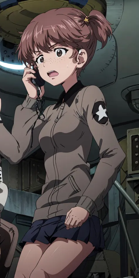 1girl, aki \(girls und panzer\), alisa \(girls und panzer\), anglerfish, arm support, artist name, bangs, blurry, closed mouth, cup, dress shirt, duck, emblem, freckles, from side, frown, greyscale, ground vehicle, hair tie, hand on headphones, headphones, headset, holding, indoors, insignia, jacket, kay \(girls und panzer\), leaning forward, light frown, light particles, logo, long sleeves, microphone, mikko \(girls und panzer\), military, military hat, military uniform, military vehicle, miniskirt, monochrome, motor vehicle, ooarai \(emblem\), open mouth, pleated skirt, radio, raglan sleeves, saucer, saunders military uniform, shadow, shirt, short hair, short twintails, signature, sitting, skirt, sleeves rolled up, solo, st. gloriana's \(emblem\), standing, star \(symbol\), star hair ornament, summer uniform, sweatdrop, tank, throat microphone, traditional media, twintails, uniform, very short hair <lora:alisa-garupan:1> <lora:GoodHands-vanilla:1>