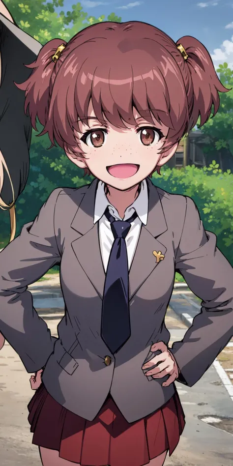 (((picture perfect))), 1girl, solo, <lora:alisa-garupan:0.8>, alisa, saunders school uniform, school uniform, necktie, jacket, red skirt, looking at viewer, smile, :d, open mouth, hands on hips