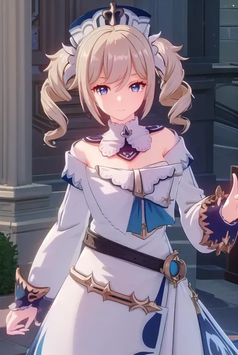 genshinbarbara, <lora:genshin barbara ingame-lora-nochekaiser:1>,
barbara, long hair, bangs, blue eyes, blonde hair, hair between eyes, twintails, sidelocks, drill hair, light brown hair, twin drills, smile,
BREAK long sleeves, hat, dress, bow, detached sleeves, white dress, detached collar, vision \(genshin impact\),
BREAK outdoors,
BREAK looking at viewer, (cowboy shot:1.5),
BREAK <lyco:GoodHands-beta2:1>, (masterpiece:1.2), best quality, high resolution, unity 8k wallpaper, (illustration:0.8), (beautiful detailed eyes:1.6), extremely detailed face, perfect lighting, extremely detailed CG, (perfect hands, perfect anatomy),