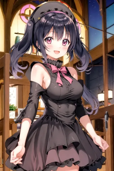 yukimi koume, medium breasts, twin tails, pink eyes, black hair, smile, looking at viewer, church, indoors, black dress, mitre, <lora:yukimi:0.6>, <lora:Mitre:0.6>