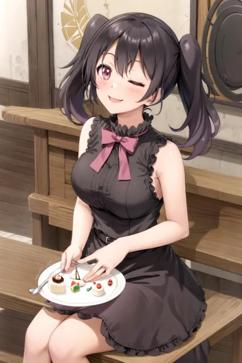 yukimi koume, sleeveless dress, medium breasts, twin tails, pink eyes, black hair, black dress, smile, looking at viewer, one eye closed, sitting, table, cake, cafe, <lora:yukimi:0.6>, <lora:orzcan:0.6>