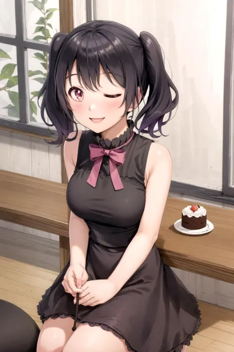 yukimi koume, sleeveless dress, medium breasts, twin tails, pink eyes, black hair, black dress, smile, looking at viewer, one eye closed, sitting, table, cake, cafe, <lora:yukimi:0.6>, <lora:orzcan:0.6>