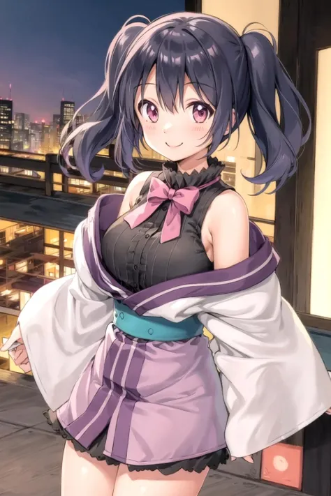 yukimi koume, sleeveless shirt, medium breasts, off shoulder, short kimono, white kimono, smile, cityscape, twin tails, pink eyes, black hair skirt, black shirt, <lora:yukimi:0.6>