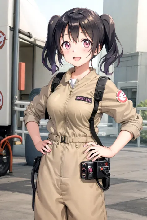 yukimi koume, medium breasts, smile, twin tails, black hair, pink eyes, ghostbuster uniform, protopack, hotel, khaki pants, hands on hips, :d, <lora:yukimi:0.6>, <lora:Ghostbuster:0.6>