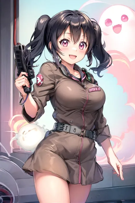 yukimi koume, medium breasts, smile, twin tails, black hair, pink eyes, ghostbuster uniform, protopack, hotel, <lora:yukimi:0.6>, <lora:Ghostbuster:0.6>