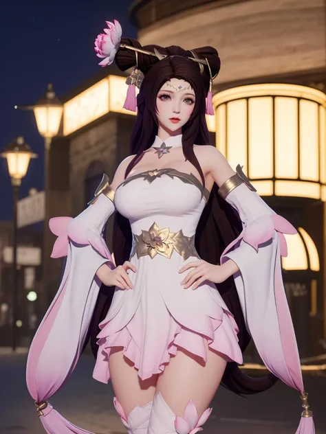 WZRYdaqiaoYP, 1girl, solo, brown hair, dress, flower, long hair, thighhighs, detached sleeves, looking at viewer, bare shoulders, breasts, wide sleeves,,mature female, cityscape, night, cowboy shot, hair stick, <lora:WZRYdiaochanYPii:0.75>,hand on hip,
