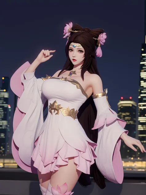 WZRYdaqiaoYP, 1girl, solo, brown hair, dress, flower, long hair, thighhighs, detached sleeves, looking at viewer, bare shoulders, breasts, wide sleeves,,mature female, cityscape, night, cowboy shot, hair stick, <lora:WZRYdiaochanYPii:0.75>,hand on hip,
