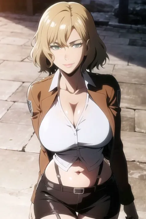 score_4, score_5, score_6, score_9, score_8_up, score_7_up, source_anime, fine anime screencap_xl, anime_screencap, solo, 1girl, indoors, no bra, chest only, choker, red eyeshadow, blonde hair, blue eyes, Annie leonhart, attack on titan, cropped leather jacket, panties, cropped jacket
