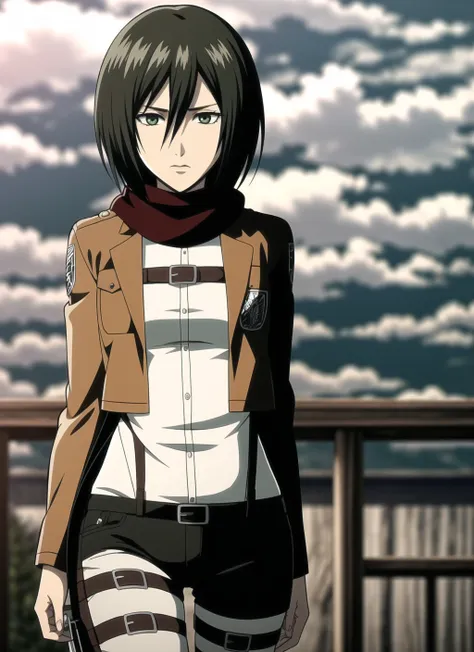 aot style, shingeki no kyojin,
mikasa ackerman,
1girl, arm strap, bangs, black hair, black pants, breasts, cowboy shot, embers, green eyes, grey background, hair between eyes, harness, long sleeves, looking at viewer, medium breasts, pants, red scarf, scarf, shirt, short hair, smoke, solo, thigh strap, brown jacket, white shirt, survey corps \(emblem\)
, ((masterpiece)), best quality
, <lora:aot_style:0.65>