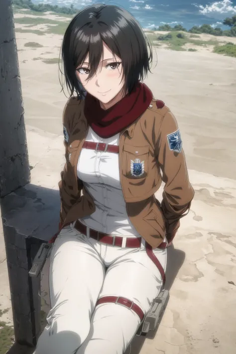 best quality, masterpiece, an extremely delicate and beautiful,1girl, solo,mikasa ackerman,1girl, bangs, black_hair, brown_jacket, grey_eyes, hair_between_eyes, jacket, long_sleeves, looking_at_viewer, military, blue sky, sea, from above, outdoors, sunny day, military_uniform, paradis_military_uniform, red_scarf, short_hair, posing, thigh_strap, three-dimensional_maneuver_gear, uniform, white_pants, medium breasts, outdoors,thick thighs, light smile,foreshortening, leaning forward, hands behind back,