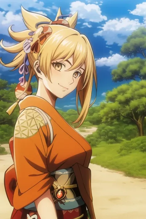 <lora:shingekiNoKyojinAnime_v1:0.75> aot style
upper body digital painting, masterpiece, best quality, Yoimiya \(genshin impact\), blonde hair, 1girl, solo, japanese clothes, hair ornament, orange kimono, kimono, Japanese scenery in the background, stunningly attractive, looking at viewer, happy, friendly, playful, cute
<lora:Yoimiya_hardpruned:1>