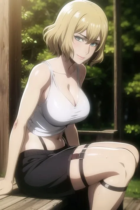 aot style, shingeki no kyojin, Hitch Dreyse, 1girl, smiling, arm strap, bangs, blonde hair, (short miniskirt), bare breasts, crouching, ass focus, green eyes, forest background, hair between eyes, harness, sleeveless, looking at viewer, big breasts, deep cleavage, skirt, crop top shirt, short hair, solo, thigh strap, crop top white shirt, sweat, ((masterpiece)), best quality, <lora:aot_style:0.65>