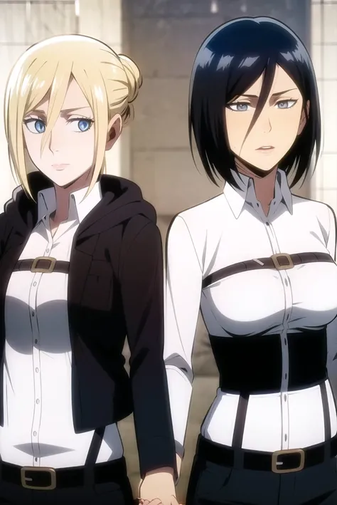 aot style, shingeki no kyojin,
annie leonhardt, christa renz,
2girls, ^ ^, ^o^, bangs, belt buckle, blonde hair, blue eyes, border, brown jacket, buckle, chest belt, closed eyes, collared jacket, collared shirt, eyes visible through hair, grey background, hair between eyes, hair bun, holding hands, hood, hood down, hoodie, jacket, looking at viewer, medium hair, multiple girls, open mouth, parted bangs, parted lips, shirt, short hair, shoulder-to-shoulder, smile, sparkle, upper body, white border, white hoodie, white shirt
, ((masterpiece)), best quality
, <lora:aot_style:0.75>