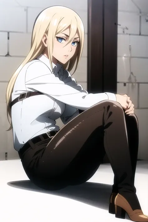 aot style, shingeki no kyojin,
christa renz,
1girl, belt, belt buckle, blonde hair, blue eyes, brown footwear, brown pants, buckle, chest belt, collared shirt, diamond (shape), floating hair, from side, full body, grey background, hair between eyes, hands on own thighs, long hair, long sleeves, looking ahead, own hands together, pants, parted lips, shirt, shoes, sitting, solo, sparkle, star (symbol), thigh strap, white shirt
, ((masterpiece)), best quality
, <lora:aot_style:0.65>