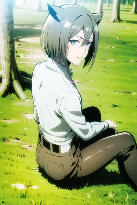 aot style, shingeki no kyojin,
mio \(xenoblade\),
(animal ears), pipo, bare shoulders, (grey hair),
1girl, belt, belt buckle, blue eyes, brown pants, buckle, chest belt, collared shirt, diamond \(shape\), floating hair, from side, upper body, grey background, hair between eyes, hands on own thighs, long hair, long sleeves, looking ahead, pants, parted lips, shirt, sitting, solo, sparkle, star \(symbol\), thigh strap, white shirt, river, grass, trees,
, ((masterpiece)), best quality
, <lora:aot_style:0.60> <lora:mio:0.55>