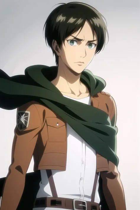 aot style, shingeki no kyojin,
eren yeager,
(1boy), belt, black hair, cape, emblem, green eyes, jacket, (male focus), paradis military uniform, solo, survey corps \(emblem\), sword,
, ((masterpiece)), best quality
, <lora:aot_style:0.65>