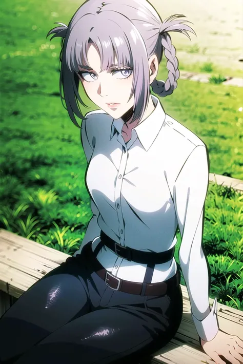 aot style, shingeki no kyojin,
mio \(xenoblade\),
gradient hair, grey hair, hair rings, jacket, grey hair, (((light purple hair))), (hair rings), small breasts,
1girl, belt, belt buckle, purple eyes, brown pants, buckle, chest belt, collared shirt, diamond \(shape\), floating hair, upper body, grey background, long hair, long sleeves, pants, parted lips, shirt, sitting, solo, sparkle, star \(symbol\), thigh strap, white shirt, river, grass, trees,
, ((masterpiece)), best quality
, <lora:aot_style:0.60> <lora:nanakusa_nazuna:0.55>
