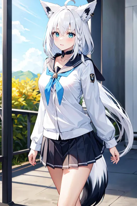 masterpiece, best quality, highres, aafbk, long hair, ahoge, animal ears, fox tail, breasts, <lora:shirakami_fubuki_v1:0.8>, school uniform, serafuku, sailor collar, black skirt, standing, cowboy shot,