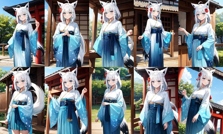 masterpiece, best quality, highres, ddfbk, long hair, ahoge, animal ears, hair flower, fox tail, japanese clothes, kimono, long sleeves, wide sleeves, sash, obi, hakama skirt, blue hakama, <lora:shirakami_fubuki_v1:0.8>, standing, cowboy shot, outdoors, shrine,