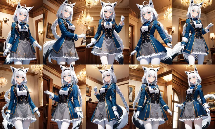 masterpiece, best quality, highres, fffbk, long hair, ahoge, braided ponytail, animal ears, hairband, fox tail, ascot, blue jacket, open jacket, long sleeves, white gloves, corset, frills, grey skirt, white pantyhose, <lora:shirakami_fubuki_v1:0.8>, standing, cowboy shot, chandelier, indoors