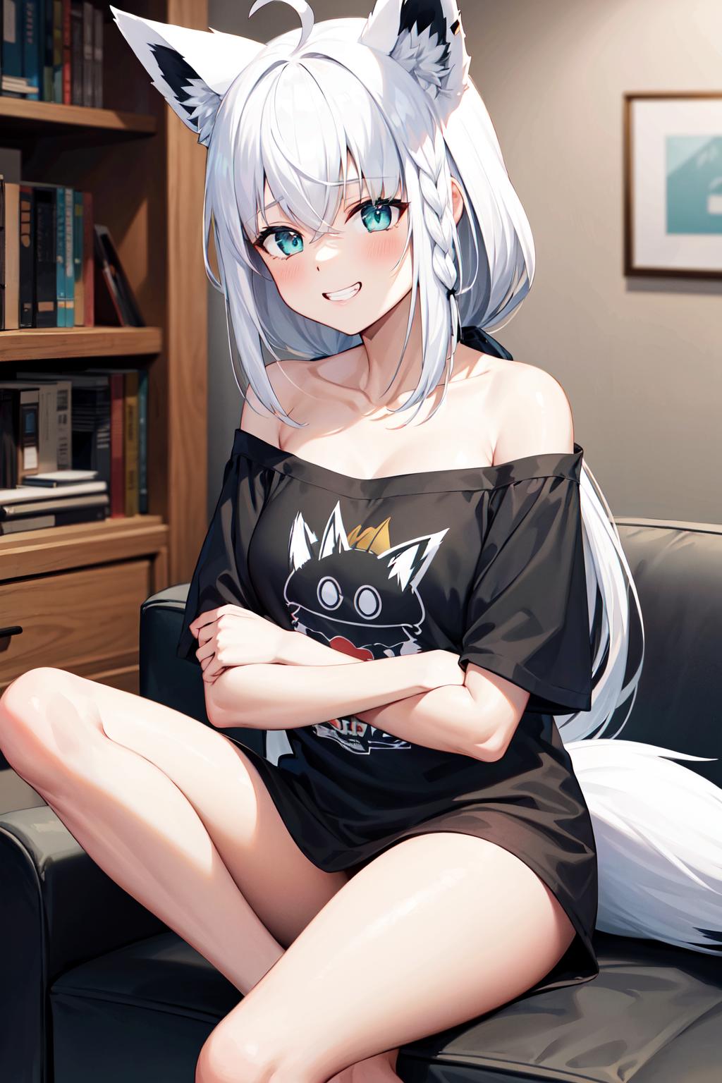 Anime girl with cat ears sitting on a couch in a living room - SeaArt AI