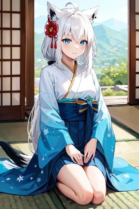 masterpiece, best quality, highres, ddfbk, long hair, ahoge, animal ears, hair flower, fox tail, japanese clothes, kimono, long sleeves, wide sleeves, sash, obi, hakama skirt, blue hakama, <lora:shirakami_fubuki_v1:0.8>, kneeling, indoors,