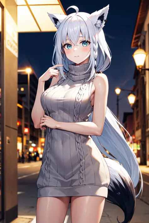 masterpiece, best quality, 1girl, tomoe gozen, torino style, glowing red eyes, smug smile, hair between eyes, silver long hair, fox ears, sweater, bare shoulders, cleavage, hands behind back, photorealistic, 8k, ultra-detailed, intricate details, highly realistic, vibrant colors, dramatic lighting, cinematic composition, fantasy, digital art, elegant, graceful, powerful