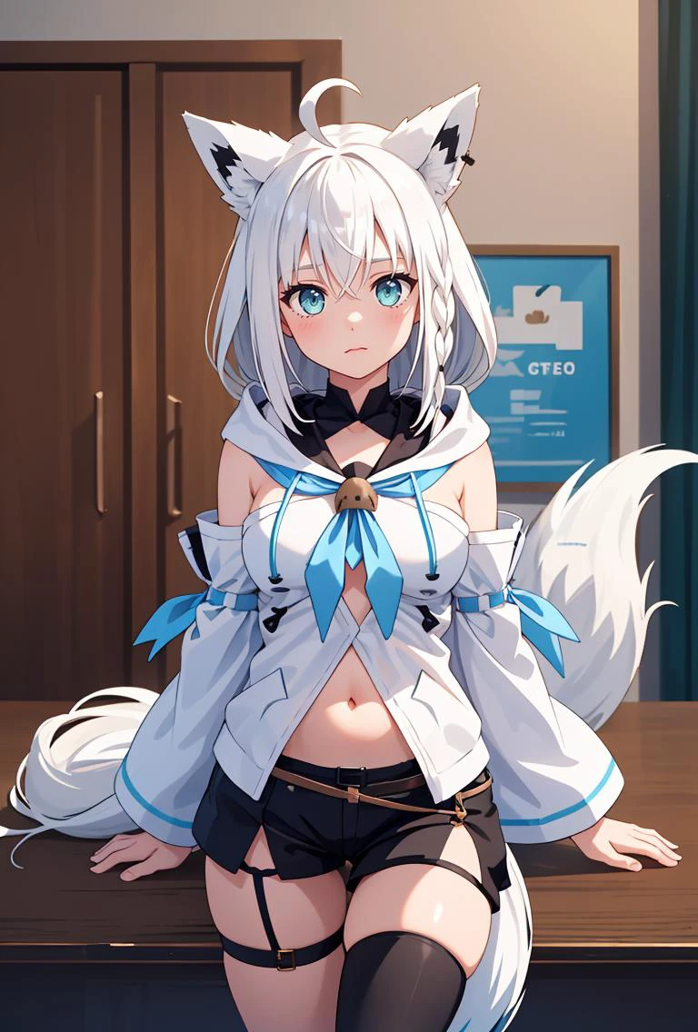 (masterpiece, best quality), 1girl, <lora:shirakami_fubuki_v1:0.8> aafbk, long hair, ahoge, animal ears, breasts, fox tail, blue neckerchief, white hoodie, detached sleeves, white sleeves, navel, short shorts, black shorts, thigh strap, single thighhigh, black thighhighs,