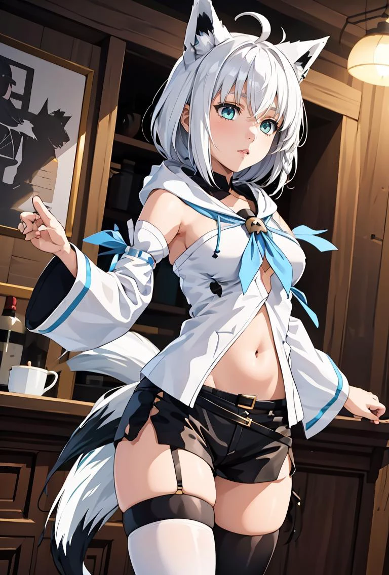 (masterpiece, best quality), 1girl, <lora:shirakami_fubuki_v1:0.8> aafbk, long hair, ahoge, animal ears, breasts, fox tail, blue neckerchief, white hoodie, detached sleeves, white sleeves, navel, short shorts, black shorts, thigh strap, single thighhigh, black thighhighs,