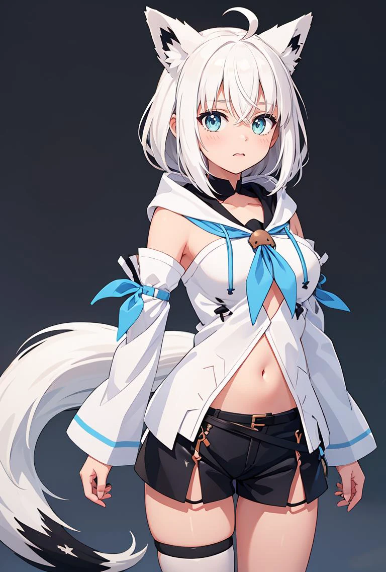 (masterpiece, best quality), 1girl, <lora:shirakami_fubuki_v1:0.8> aafbk, long hair, ahoge, animal ears, breasts, fox tail, blue neckerchief, white hoodie, detached sleeves, white sleeves, navel, short shorts, black shorts, thigh strap, single thighhigh, black thighhighs,