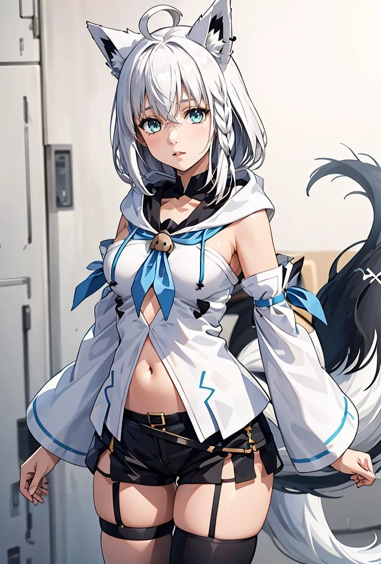 (masterpiece, best quality), 1girl, <lora:shirakami_fubuki_v1:0.8> aafbk, long hair, ahoge, animal ears, breasts, fox tail, blue neckerchief, white hoodie, detached sleeves, white sleeves, navel, short shorts, black shorts, thigh strap, single thighhigh, black thighhighs,