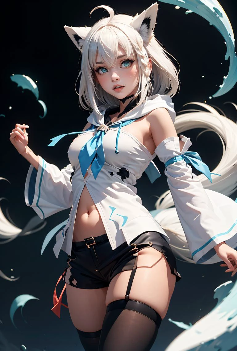 (masterpiece, best quality), 1girl, <lora:shirakami_fubuki_v1:0.8> aafbk, long hair, ahoge, animal ears, breasts, fox tail, blue neckerchief, white hoodie, detached sleeves, white sleeves, navel, short shorts, black shorts, thigh strap, single thighhigh, black thighhighs,