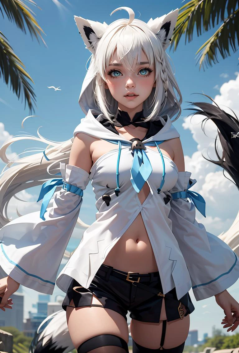 (masterpiece, best quality), 1girl, <lora:shirakami_fubuki_v1:0.8> aafbk, long hair, ahoge, animal ears, breasts, fox tail, blue neckerchief, white hoodie, detached sleeves, white sleeves, navel, short shorts, black shorts, thigh strap, single thighhigh, black thighhighs,