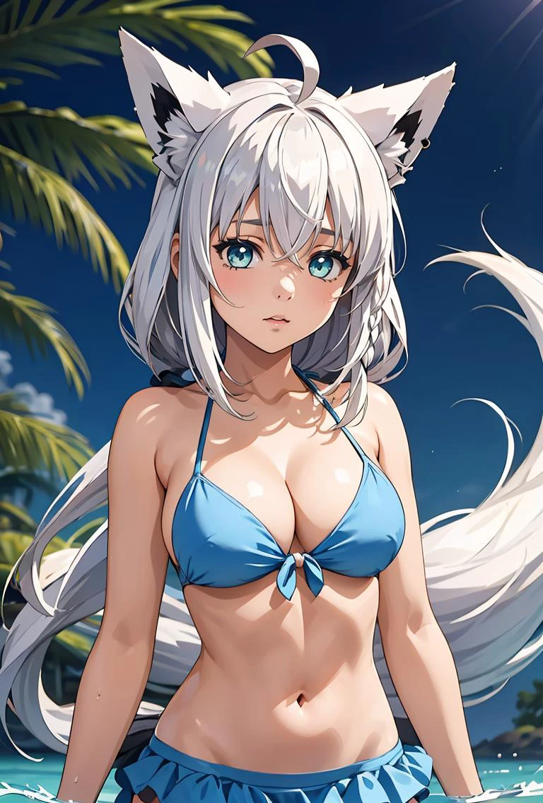 (masterpiece, best quality), 1girl, <lora:shirakami_fubuki_v1:0.8> bbfbk, long hair, ahoge, animal ears, breasts, fox tail, bare shoulders, cleavage, blue bikini, front-tie bikini top, bikini skirt,