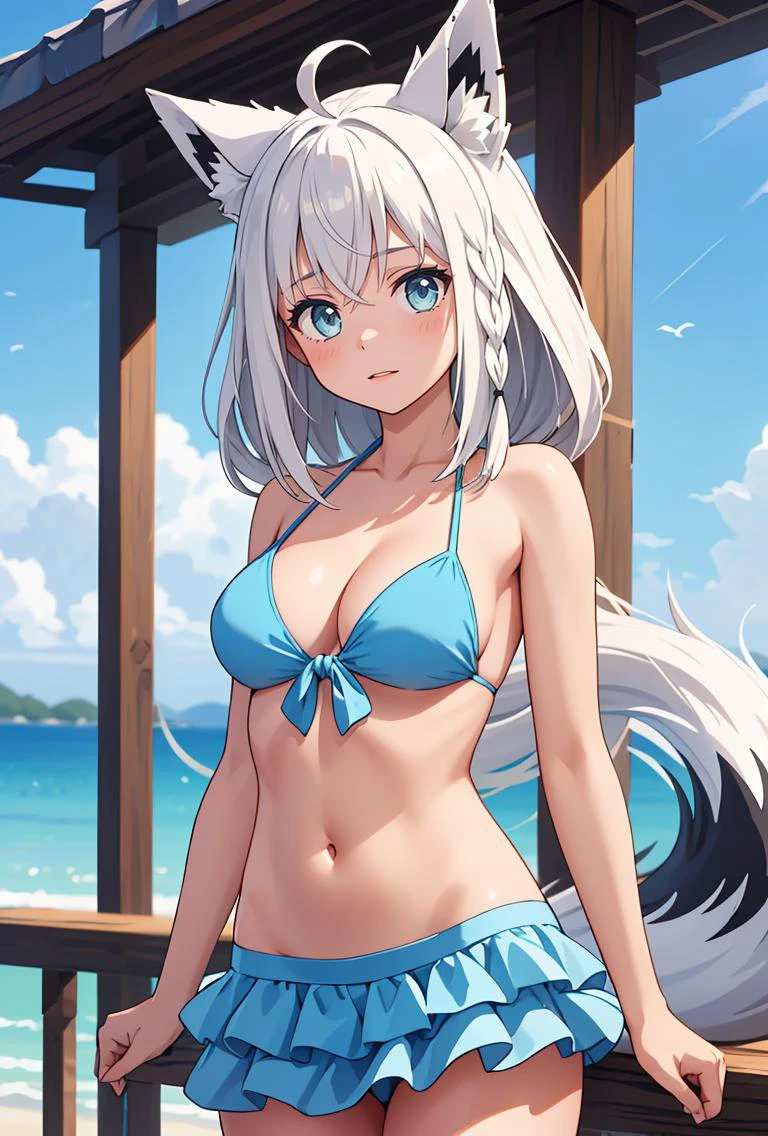 (masterpiece, best quality), 1girl, <lora:shirakami_fubuki_v1:0.8> bbfbk, long hair, ahoge, animal ears, breasts, fox tail, bare shoulders, cleavage, blue bikini, front-tie bikini top, bikini skirt,