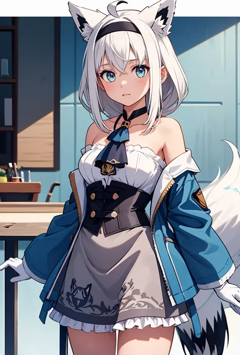 (masterpiece, best quality), 1girl,   
 <lora:shirakami_fubuki_v1:0.8> , fffbk, long hair, ahoge, braided ponytail, animal ears, hairband, fox tail, ascot, blue jacket, open jacket, long sleeves, white gloves, corset, frills, grey skirt, white pantyhose, ggfbk, long hair, ahoge, animal ears, fox tail, breasts, collarbone, off shoulder, bare shoulders, t-shirt, print shirt, black shirt, short sleeves, no pants, bare legs