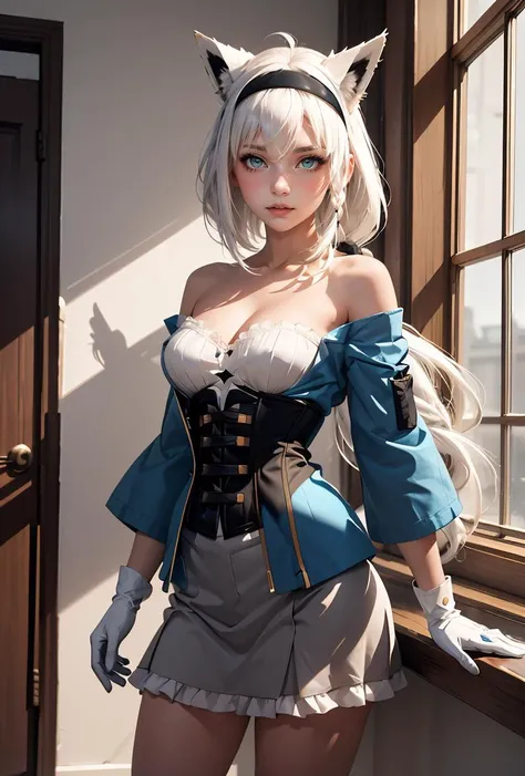 (masterpiece, best quality), 1girl,
<lora:shirakami_fubuki_v1:0.8> , fffbk, long hair, ahoge, braided ponytail, animal ears, hairband, fox tail, ascot, blue jacket, open jacket, long sleeves, white gloves, corset, frills, grey skirt, white pantyhose, ggfbk, long hair, ahoge, animal ears, fox tail, breasts, collarbone, off shoulder, bare shoulders, t-shirt, print shirt, black shirt, short sleeves, no pants, bare legs