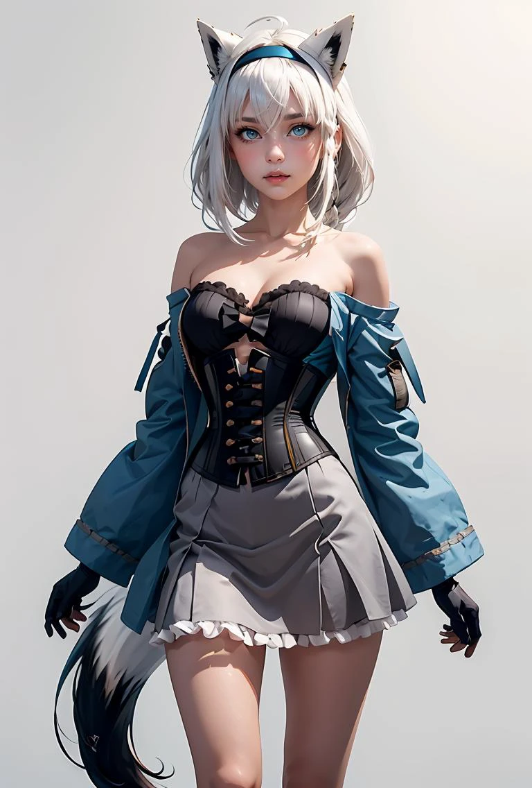 (masterpiece, best quality), 1girl,
<lora:shirakami_fubuki_v1:0.8> , fffbk, long hair, ahoge, braided ponytail, animal ears, hairband, fox tail, ascot, blue jacket, open jacket, long sleeves, white gloves, corset, frills, grey skirt, white pantyhose, ggfbk, long hair, ahoge, animal ears, fox tail, breasts, collarbone, off shoulder, bare shoulders, t-shirt, print shirt, black shirt, short sleeves, no pants, bare legs