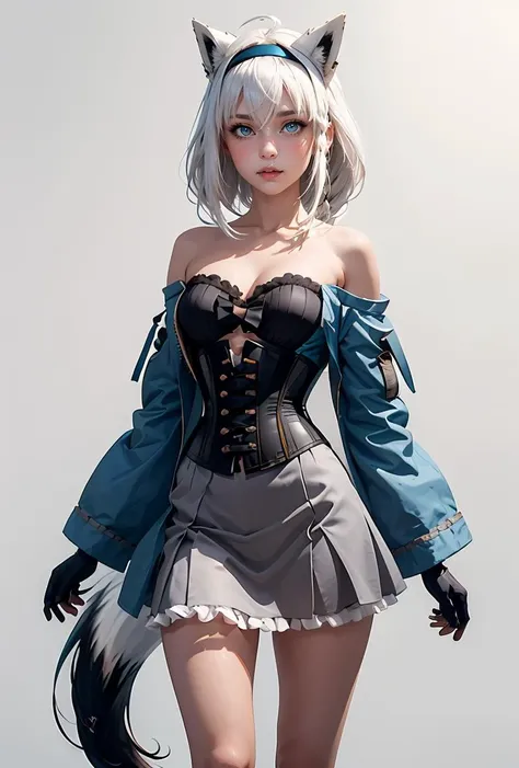 (masterpiece, best quality), 1girl,   
 <lora:shirakami_fubuki_v1:0.8> , fffbk, long hair, ahoge, braided ponytail, animal ears, hairband, fox tail, ascot, blue jacket, open jacket, long sleeves, white gloves, corset, frills, grey skirt, white pantyhose, ggfbk, long hair, ahoge, animal ears, fox tail, breasts, collarbone, off shoulder, bare shoulders, t-shirt, print shirt, black shirt, short sleeves, no pants, bare legs