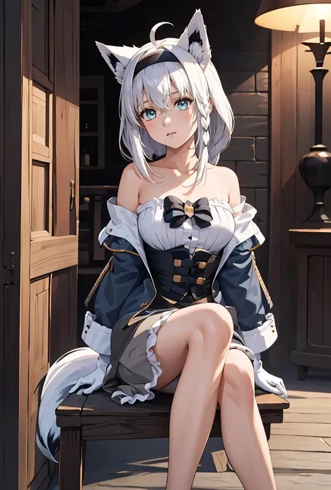 (masterpiece, best quality), 1girl,
<lora:shirakami_fubuki_v1:0.8> , fffbk, long hair, ahoge, braided ponytail, animal ears, hairband, fox tail, ascot, blue jacket, open jacket, long sleeves, white gloves, corset, frills, grey skirt, white pantyhose, ggfbk, long hair, ahoge, animal ears, fox tail, breasts, collarbone, off shoulder, bare shoulders, t-shirt, print shirt, black shirt, short sleeves, no pants, bare legs