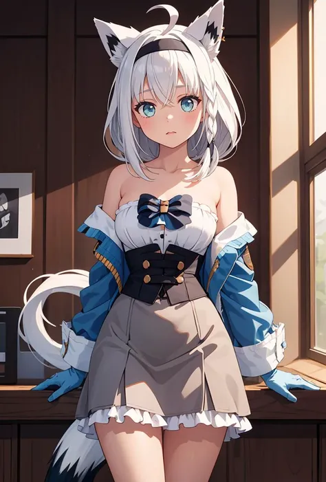 (masterpiece, best quality), 1girl,
<lora:shirakami_fubuki_v1:0.8> , fffbk, long hair, ahoge, braided ponytail, animal ears, hairband, fox tail, ascot, blue jacket, open jacket, long sleeves, white gloves, corset, frills, grey skirt, white pantyhose, ggfbk, long hair, ahoge, animal ears, fox tail, breasts, collarbone, off shoulder, bare shoulders, t-shirt, print shirt, black shirt, short sleeves, no pants, bare legs