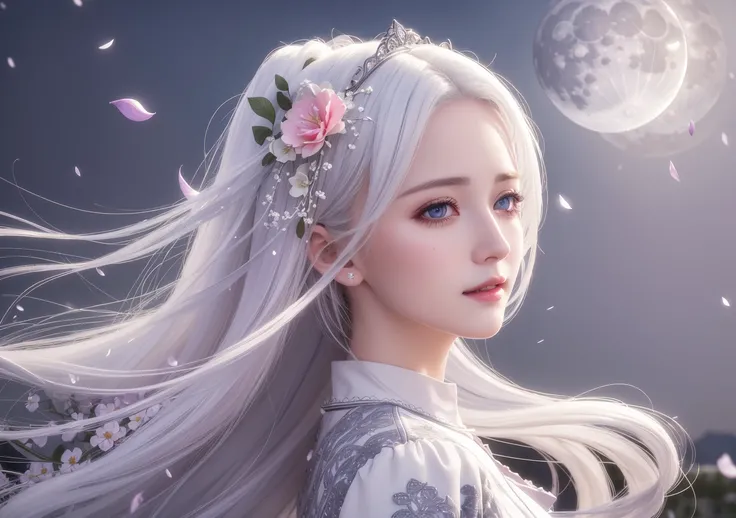 high quality, best quality, masterpiece, 1girl, (colorful), (finely detailed beautiful eyes and detailed face), white hair, light smile, looking at viewer, intricate skirt, (flying petal), flower field, (moonlight night:1.3), cinematic lighting, bust shot, extremely detailed CG unity 8k wallpaper, ultra-detailed, High definition,