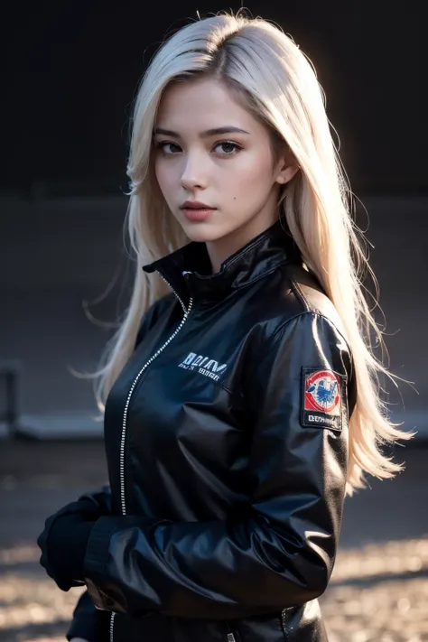 Best quality, masterpiece, ultra high res, (photorealistic:1.4), raw photo, 1girl, long hair, white hair, detailed eyes and face, black jacket, dynamic lighting, in the dark, deep shadow, low key, cowboy shot