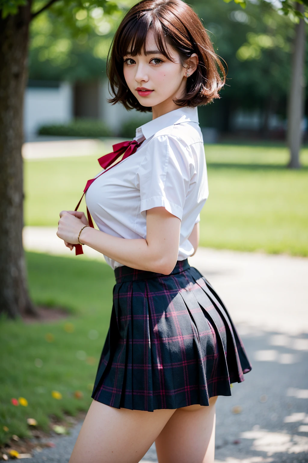 nsfw, 8K raw photo, Best quality, masterpiece, ultra high res, film grain,filmg,
1girl, looking at viewer,
natural skin texture, realistic eye and face details, full lips, lipstick, rouge \(makeup\), red eyeshadow, fluffy short hair, messy hair, smile, close mouth, beautiful legs, tall female, skinny, slim_legs, solo,
enormous breast,cleavage,
Pose with buttocks facing you,
ultra short skirt, ass, shirt,
beautiful nature location,around flower location, plaid skirt, white shirt,
enormous breast,cleavage, Show a little cleavage through the shirt,
loafers,
blurry background, blurry, holding, plaid, short sleeves, jk ribbon on the neck, jk ribbon,
brown hair, bracelet, water, bangs, school uniform, jewelry, parted lips, lips, from side, pleated skirt,
depth of field, black hair,
looking at viewer