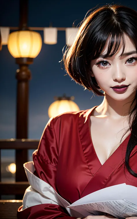 1girl, bangs, blunt_bangs, blurry, blurry_background, bob_cut, breasts, blue_eyes, cleavage, collarbone, depth_of_field, japanese_clothes, kimono, lantern, large_breasts, lips, (black lips:1.5), looking_at_viewer, makeup, night, paper_lantern, ((long_hair:1.5)), smile, solo, upper_body