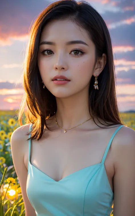 (1 girl), (summer night sunset:1.3), (8k, RAW photo, best quality, masterpiece:1.2), (realistic, photo-realistic:1.37), best quality, ultra high res, (focus face:1.8), (portrait face:1.7), (high contrast:1.1), (intense:1.1), (detailed:1.1), (highest quality), (analog:1.2), (high sharpness), photographed by Canon EOS R6, 135mm, 1/1250s, f/2.8, ISO 400, (summer dress:1.4), (standing in flower field:1.3), (vibrant, colorful:1.3)
