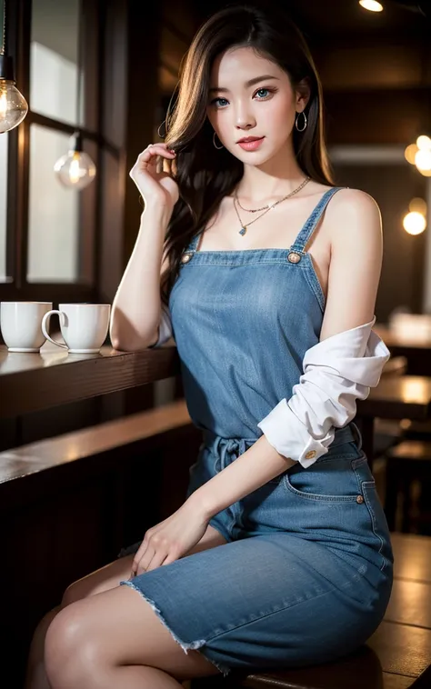 best quality, high quality, photorealistic, masterpiece, high resolution, 1girl, blue eyes, beautifull face, (seductive smile:0.8), (casual clothes), sit on coffe shop, necklace, jewelry, full_body, dynamic pose, tyndall effect, dark studio, rim lighting, two tone lighting,  volumetric lighting, candid, (high detailed skin:1.2), 8k uhd, dslr, Bokeh