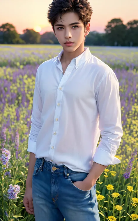 (RAW photo, best quality, highest quality, masterpiece:1.2), (realistic, photo-realistic:1.37), ultra high res, (1 boy, handsome:2.0), (summer night sunset:1.3), (white shirt, blue jeans:1.3), (standing in flower field:1.4), (focus face:1.3), (high contrast:1.1), (detailed background:1.3), dynamic pose, intricate detail, delicate pattern, (vibrant, colorful:1.3), (high sharpness)